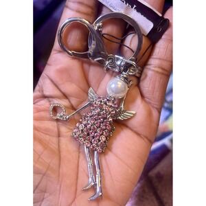 Jacqueline Kent Guardian Angel Keychain Pink Rhinestone Bag Charm NEW